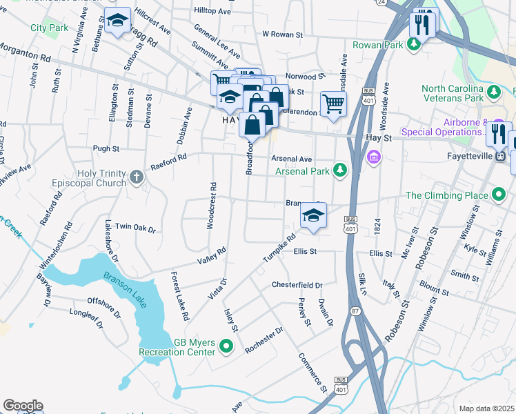 map of restaurants, bars, coffee shops, grocery stores, and more near 1205 Branson Street in Fayetteville