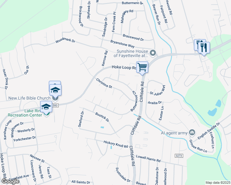 map of restaurants, bars, coffee shops, grocery stores, and more near 6708 Newland Circle in Fayetteville