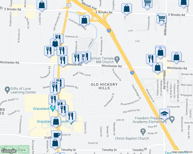 map of restaurants, bars, coffee shops, grocery stores, and more near 1353 Royal Oaks Cove in Memphis