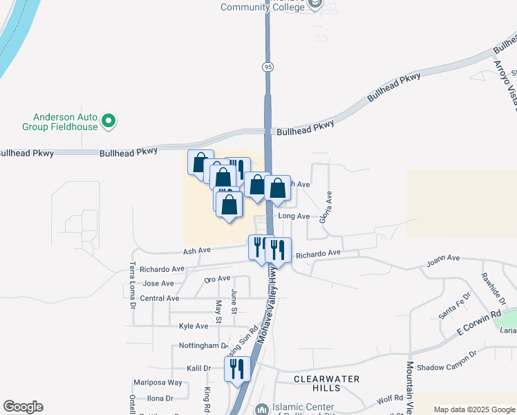 map of restaurants, bars, coffee shops, grocery stores, and more near 3699 Highway 95 in Bullhead City