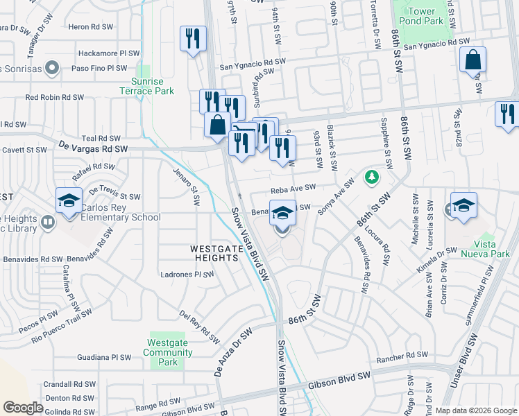 map of restaurants, bars, coffee shops, grocery stores, and more near in Albuquerque