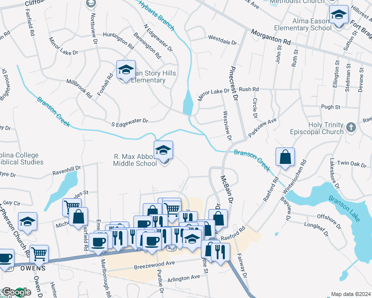 map of restaurants, bars, coffee shops, grocery stores, and more near 573 Winding Creek Road in Fayetteville