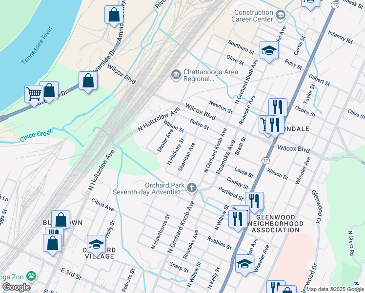 map of restaurants, bars, coffee shops, grocery stores, and more near 1102 North Hickory Street in Chattanooga