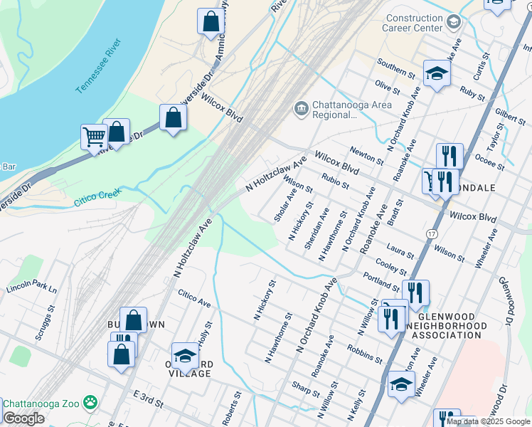 map of restaurants, bars, coffee shops, grocery stores, and more near 1108 Hendricks Street in Chattanooga