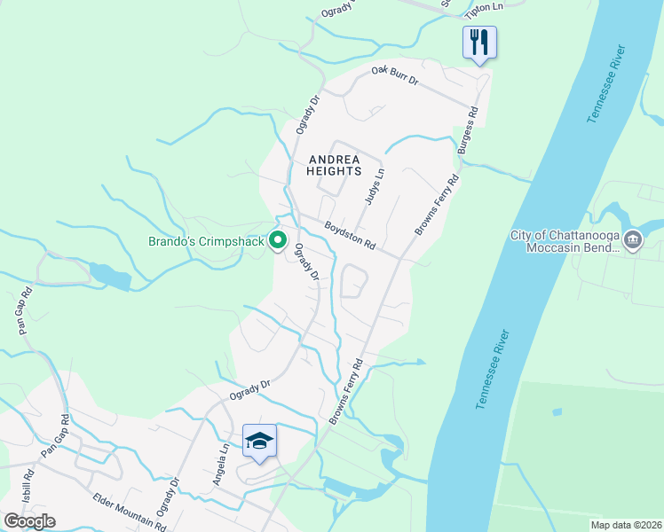 map of restaurants, bars, coffee shops, grocery stores, and more near 3321 Bonneville Circle in Chattanooga
