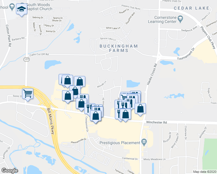 map of restaurants, bars, coffee shops, grocery stores, and more near 7879 Winchester Hills Street in Memphis