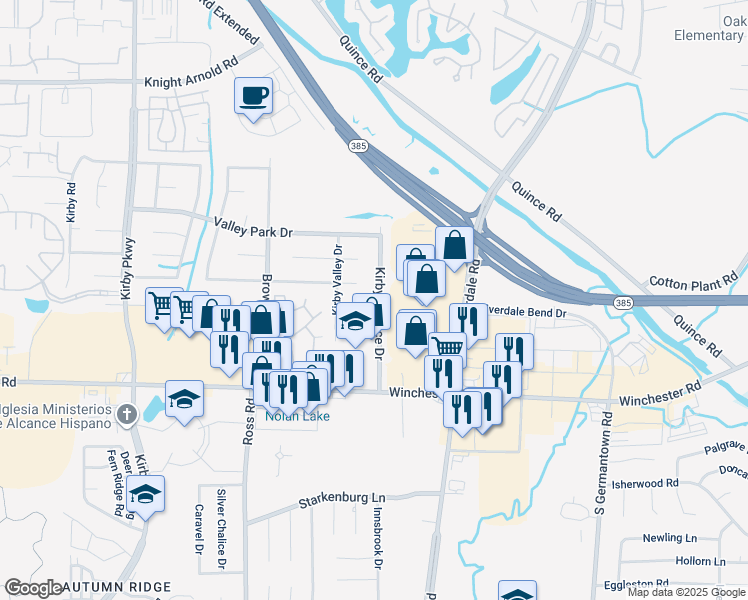 map of restaurants, bars, coffee shops, grocery stores, and more near 6889 Kirby Mills Cove in Memphis
