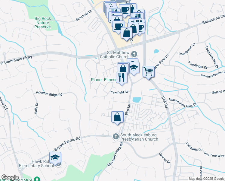 map of restaurants, bars, coffee shops, grocery stores, and more near 8728 Camfield Street in Charlotte