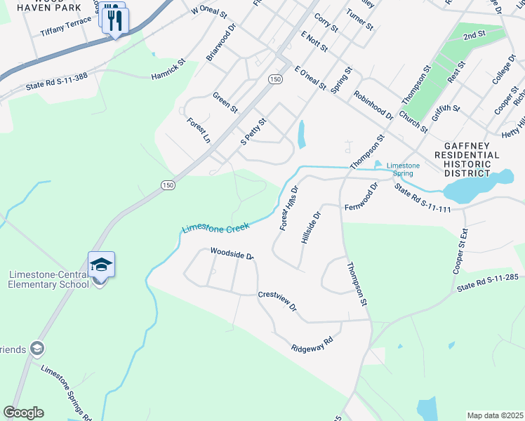 map of restaurants, bars, coffee shops, grocery stores, and more near 126 Forest Hills Drive in Gaffney
