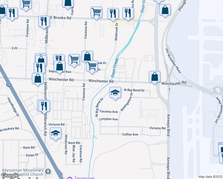 map of restaurants, bars, coffee shops, grocery stores, and more near 3443 West Big Bend Drive in Memphis