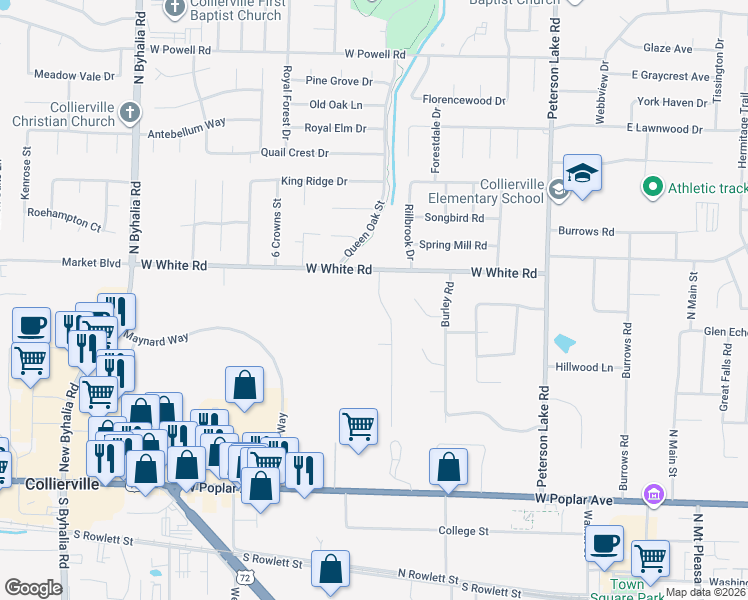 map of restaurants, bars, coffee shops, grocery stores, and more near 453 Dove Valley Road in Collierville