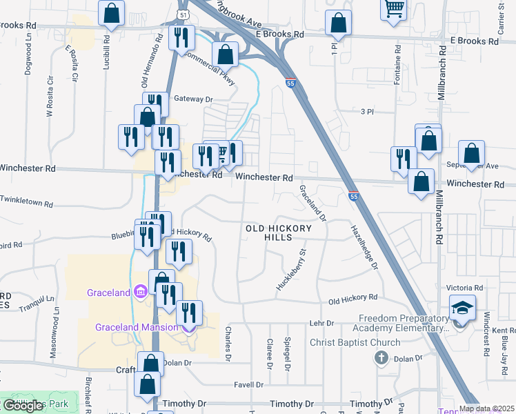 map of restaurants, bars, coffee shops, grocery stores, and more near 1355 Royal Oaks Cove in Memphis