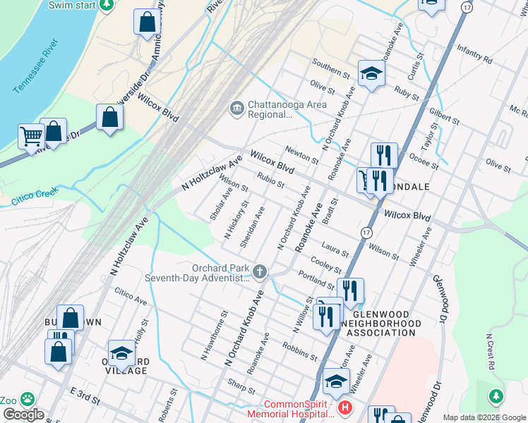 map of restaurants, bars, coffee shops, grocery stores, and more near 1111 North Hawthorne Street in Chattanooga
