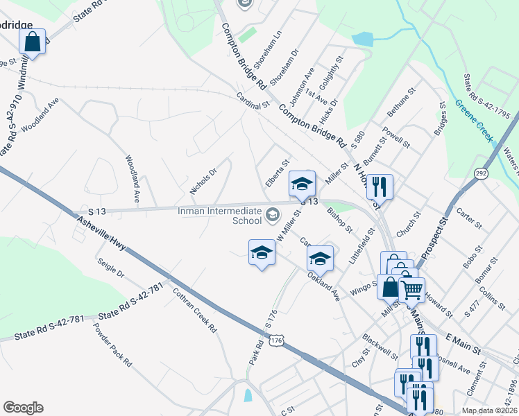 map of restaurants, bars, coffee shops, grocery stores, and more near 221 North Main Street in Inman