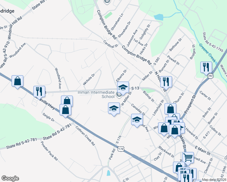 map of restaurants, bars, coffee shops, grocery stores, and more near 221 North Main Street in Inman