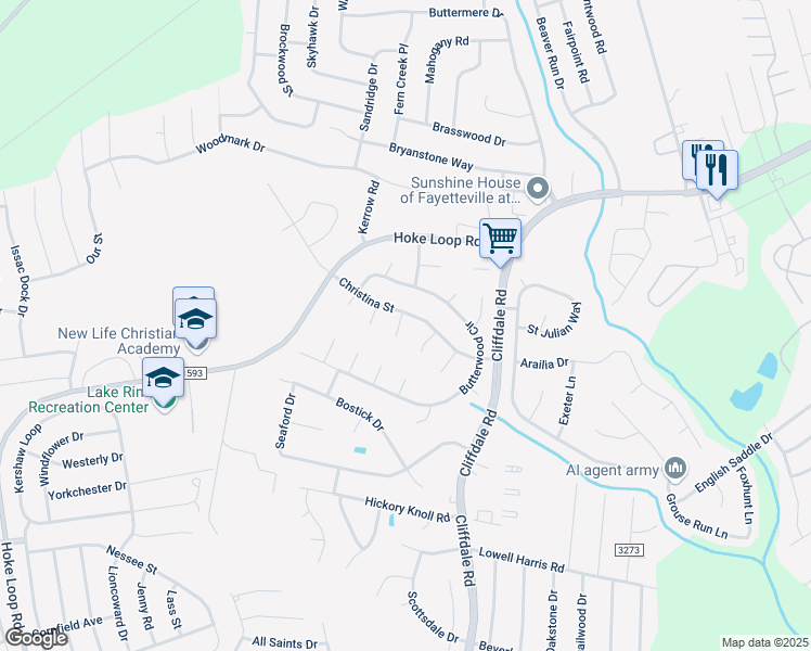 map of restaurants, bars, coffee shops, grocery stores, and more near 6705 Lune Circle in Fayetteville