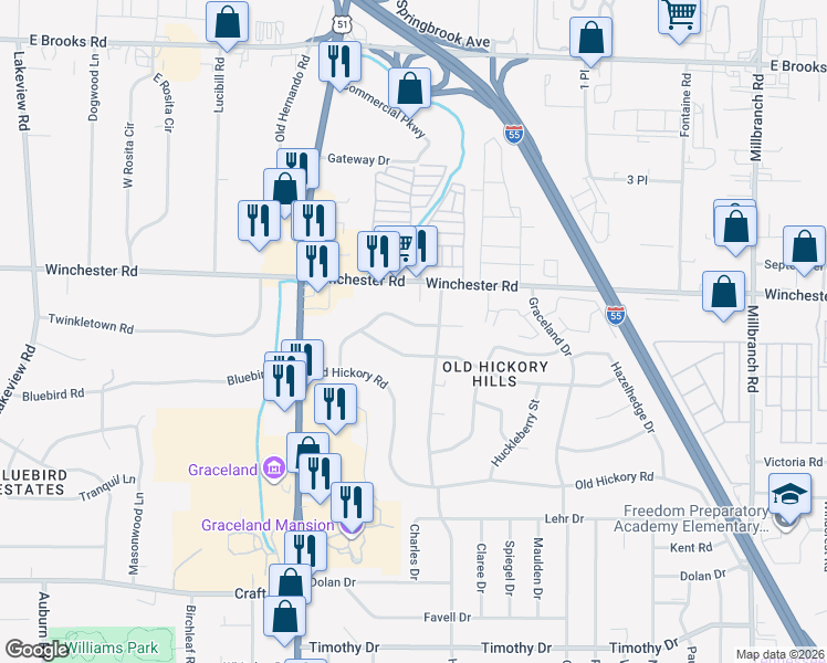 map of restaurants, bars, coffee shops, grocery stores, and more near 1301 Royal Oaks Cove in Memphis