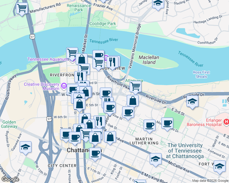 map of restaurants, bars, coffee shops, grocery stores, and more near 409 Georgia Avenue in Chattanooga