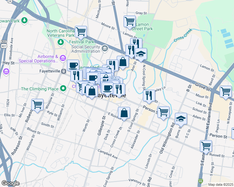map of restaurants, bars, coffee shops, grocery stores, and more near 124 Bow Street in Fayetteville