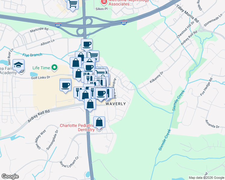 map of restaurants, bars, coffee shops, grocery stores, and more near 7314 Waverly Walk Avenue in Charlotte