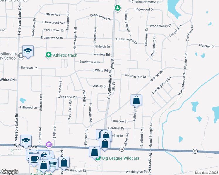 map of restaurants, bars, coffee shops, grocery stores, and more near 408 Little Oak Lane in Collierville
