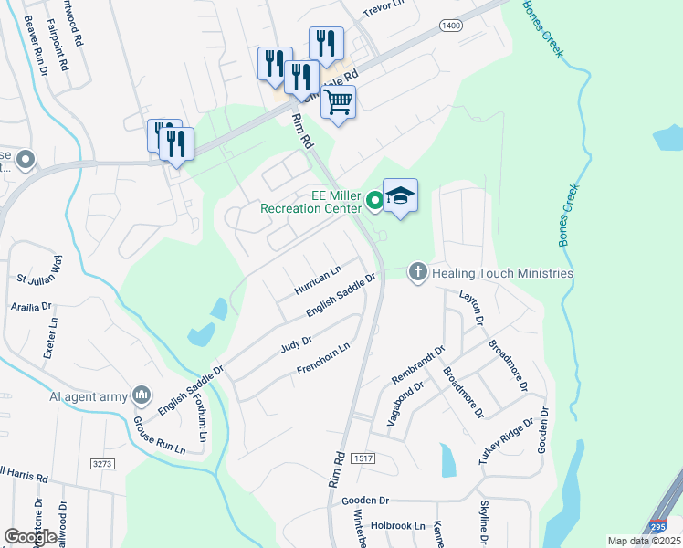 map of restaurants, bars, coffee shops, grocery stores, and more near 8217 Hurrican Lane in Fayetteville