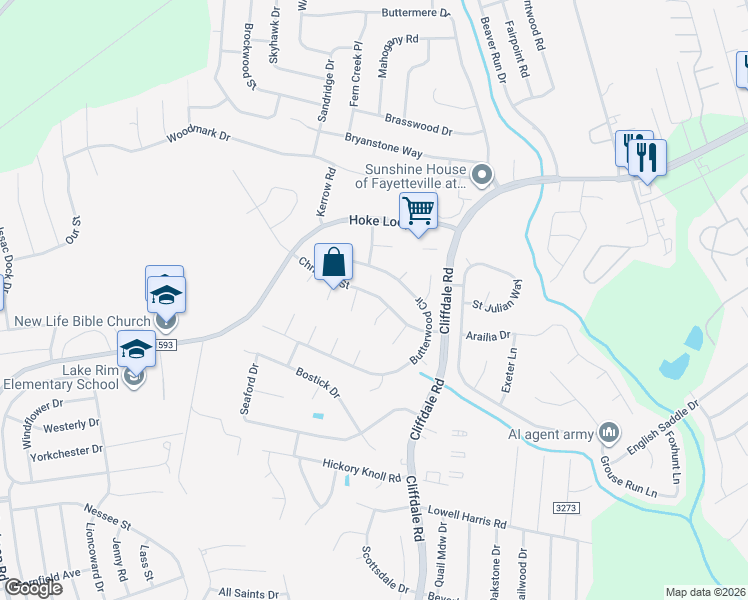 map of restaurants, bars, coffee shops, grocery stores, and more near 1148 Christina Street in Fayetteville