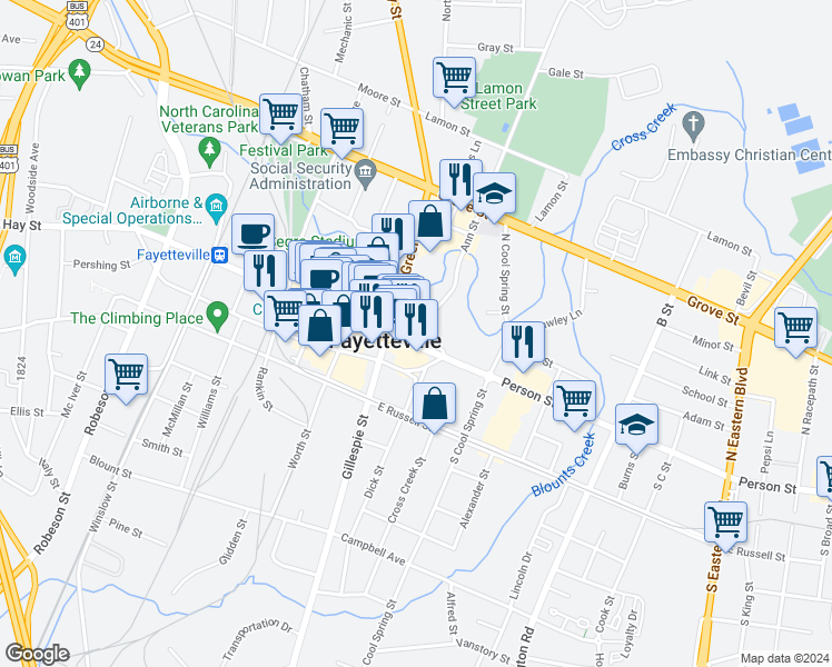 map of restaurants, bars, coffee shops, grocery stores, and more near 130 Bow Street in Fayetteville