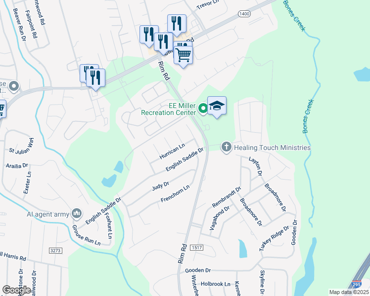 map of restaurants, bars, coffee shops, grocery stores, and more near 8217 Hurrican Lane in Fayetteville
