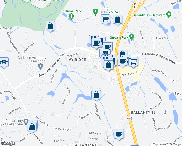 map of restaurants, bars, coffee shops, grocery stores, and more near 14764 Via Sorrento Drive in Charlotte