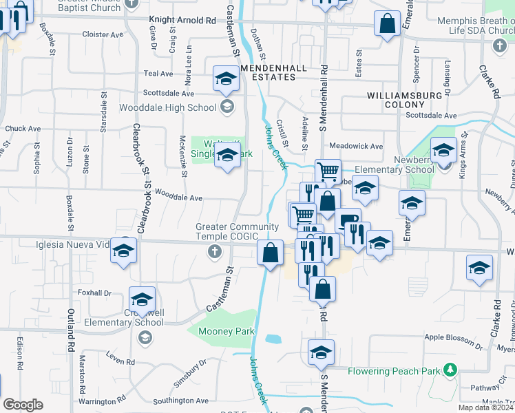 map of restaurants, bars, coffee shops, grocery stores, and more near 5230 Bucksport Lane in Memphis