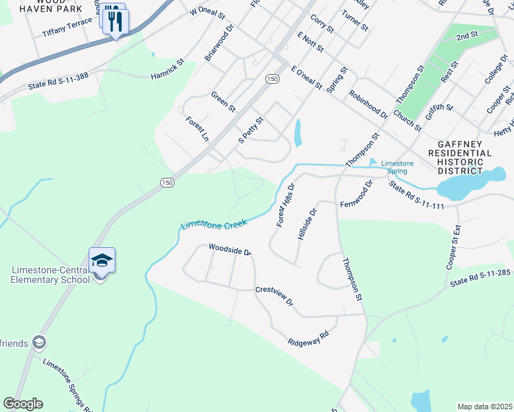 map of restaurants, bars, coffee shops, grocery stores, and more near 126 Forest Hills Drive in Gaffney