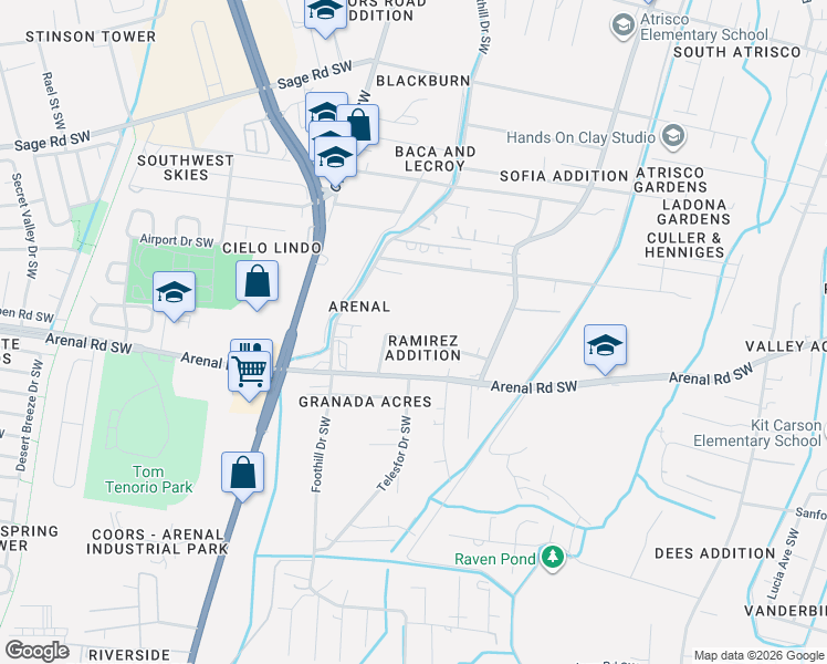 map of restaurants, bars, coffee shops, grocery stores, and more near 1709 Onate Place Southwest in Albuquerque