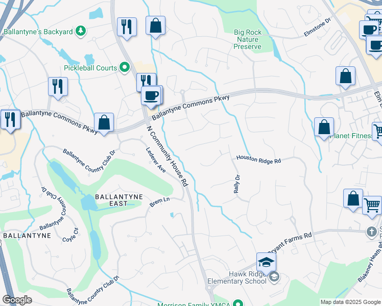 map of restaurants, bars, coffee shops, grocery stores, and more near 9337 Whispering Wind Drive in Charlotte