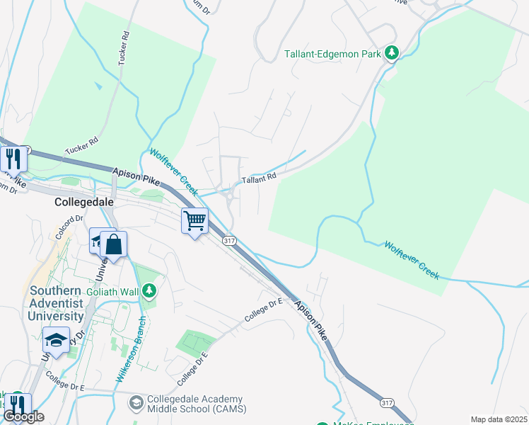map of restaurants, bars, coffee shops, grocery stores, and more near 5208 Loblolly Lane in Ooltewah