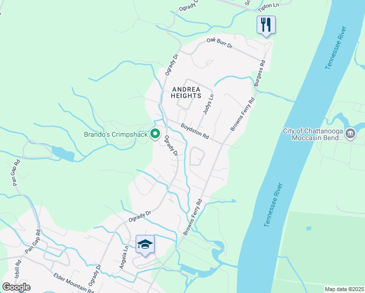 map of restaurants, bars, coffee shops, grocery stores, and more near 3321 Bonneville Circle in Chattanooga