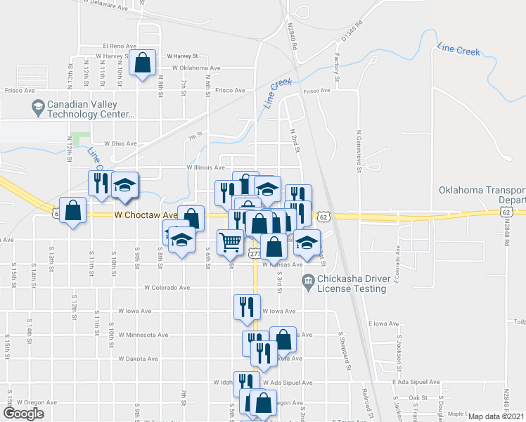 map of restaurants, bars, coffee shops, grocery stores, and more near in Chickasha