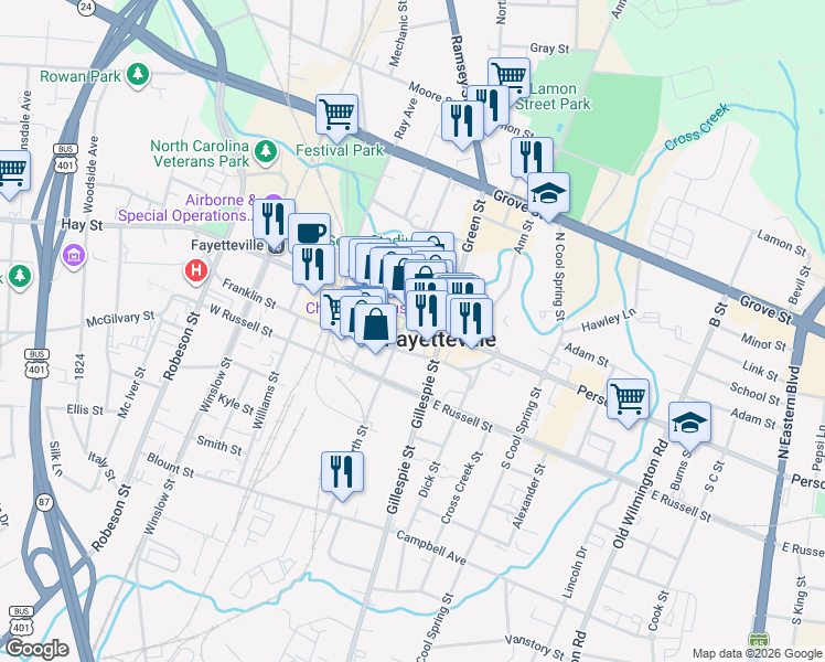 map of restaurants, bars, coffee shops, grocery stores, and more near in Fayetteville