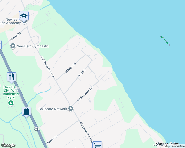 map of restaurants, bars, coffee shops, grocery stores, and more near 3607 Fort Road in New Bern