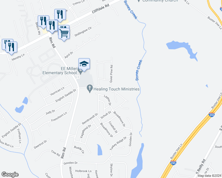 map of restaurants, bars, coffee shops, grocery stores, and more near Quiet Pine Road in Fayetteville