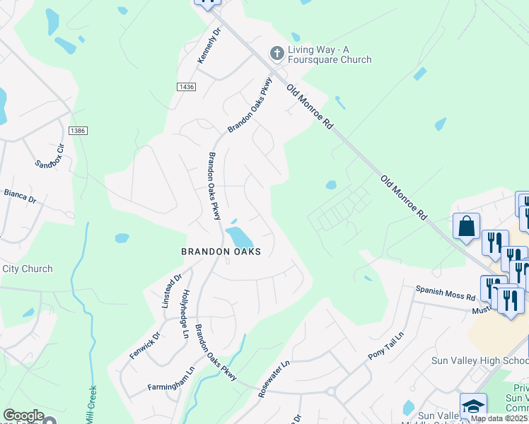map of restaurants, bars, coffee shops, grocery stores, and more near 3843 Waters Reach Lane in Indian Trail