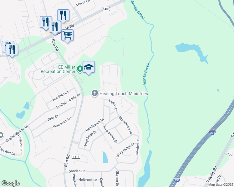 map of restaurants, bars, coffee shops, grocery stores, and more near Quiet Pine Road in Fayetteville