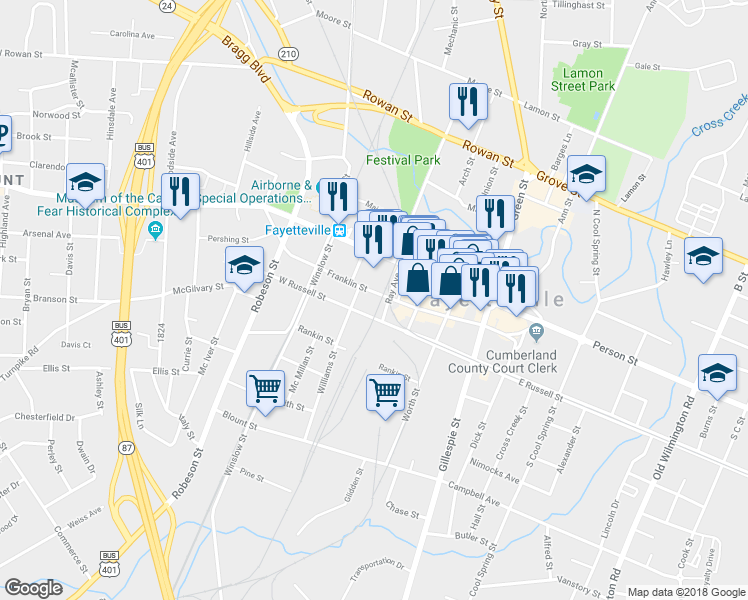 map of restaurants, bars, coffee shops, grocery stores, and more near 412 West Russell Street in Fayetteville