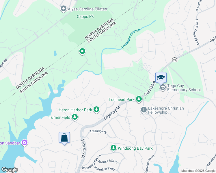 map of restaurants, bars, coffee shops, grocery stores, and more near 160 Amber Woods Drive in Tega Cay
