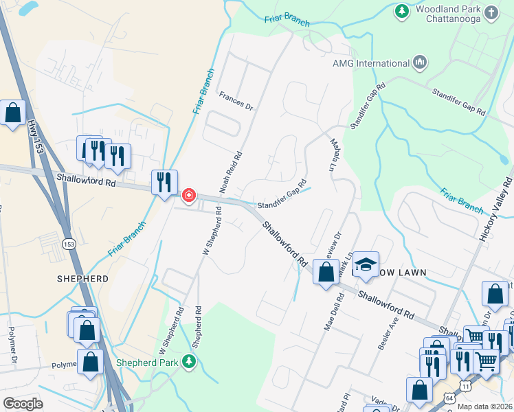 map of restaurants, bars, coffee shops, grocery stores, and more near 2340 Standifer Gap Road in Chattanooga