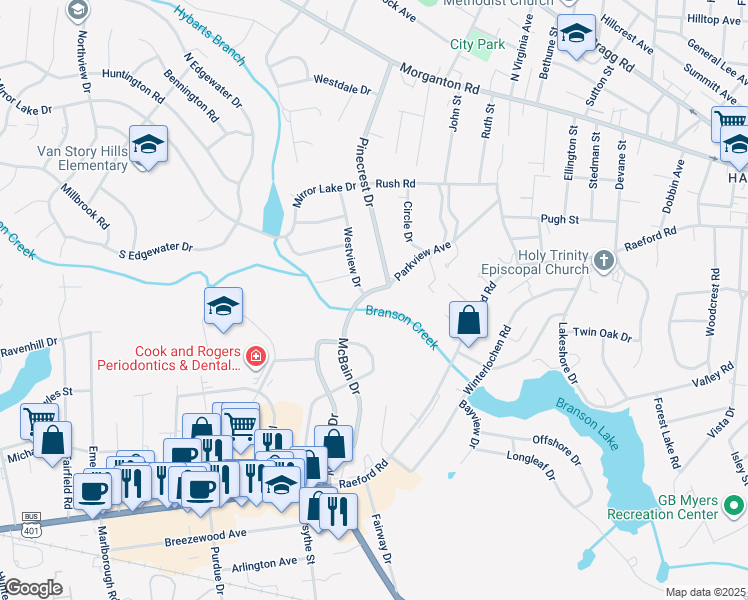 map of restaurants, bars, coffee shops, grocery stores, and more near 2203 McBain Drive in Fayetteville