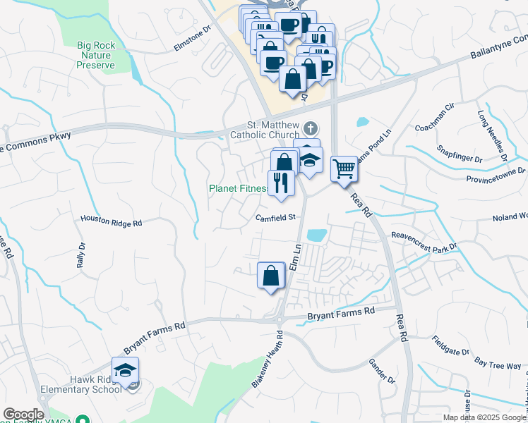 map of restaurants, bars, coffee shops, grocery stores, and more near 8315 Southgate Commons Drive in Charlotte