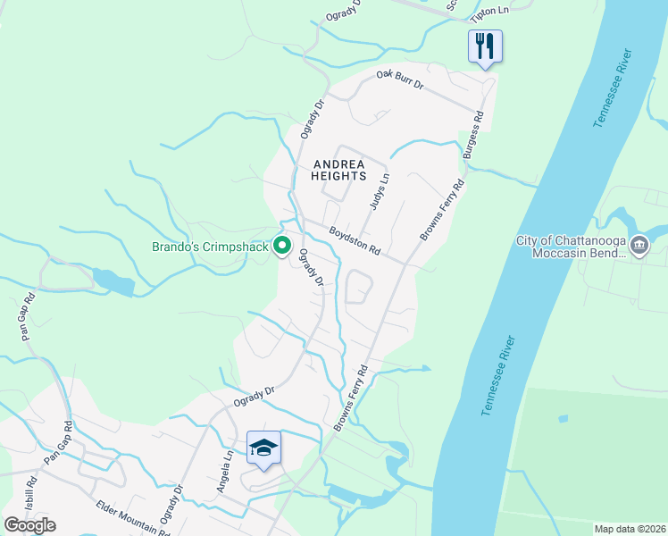 map of restaurants, bars, coffee shops, grocery stores, and more near 3321 Bonneville Circle in Chattanooga