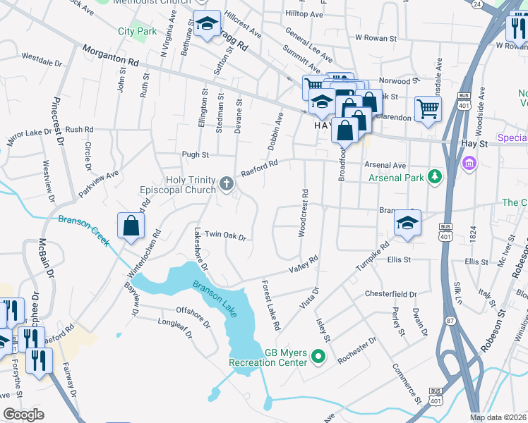 map of restaurants, bars, coffee shops, grocery stores, and more near 329 Devane Street in Fayetteville