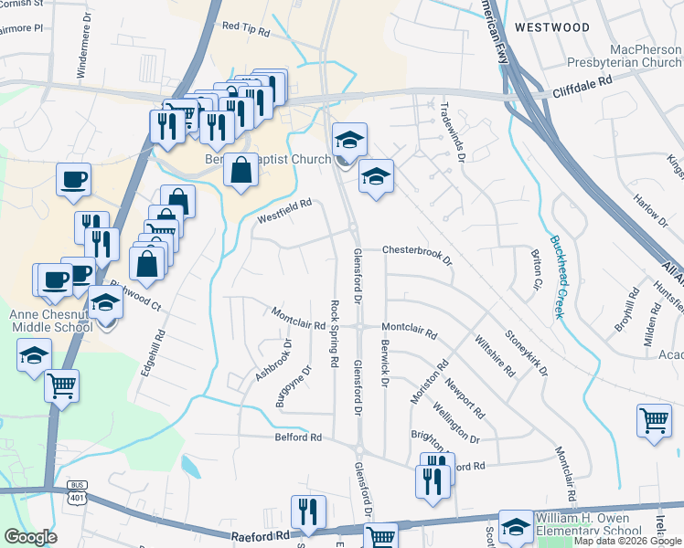 map of restaurants, bars, coffee shops, grocery stores, and more near 624 Rock Spring Road in Fayetteville